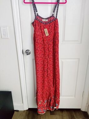 NATURAL LIFE Red Floral Maxi Jumpsuit with Navy Trim